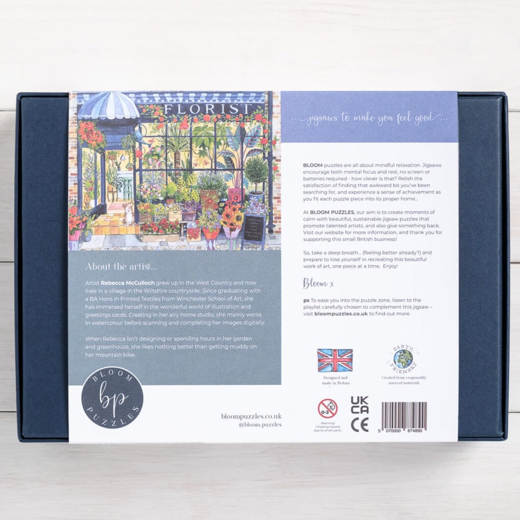 The Florist 500 piece Jigsaw Back of Box Image from Bloom Puzzles