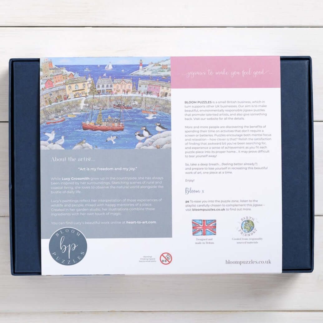 Bloom Puzzles Festive Harbour 1000 Piece Jigsaw Puzzle Back of Box Lucy Grossmith