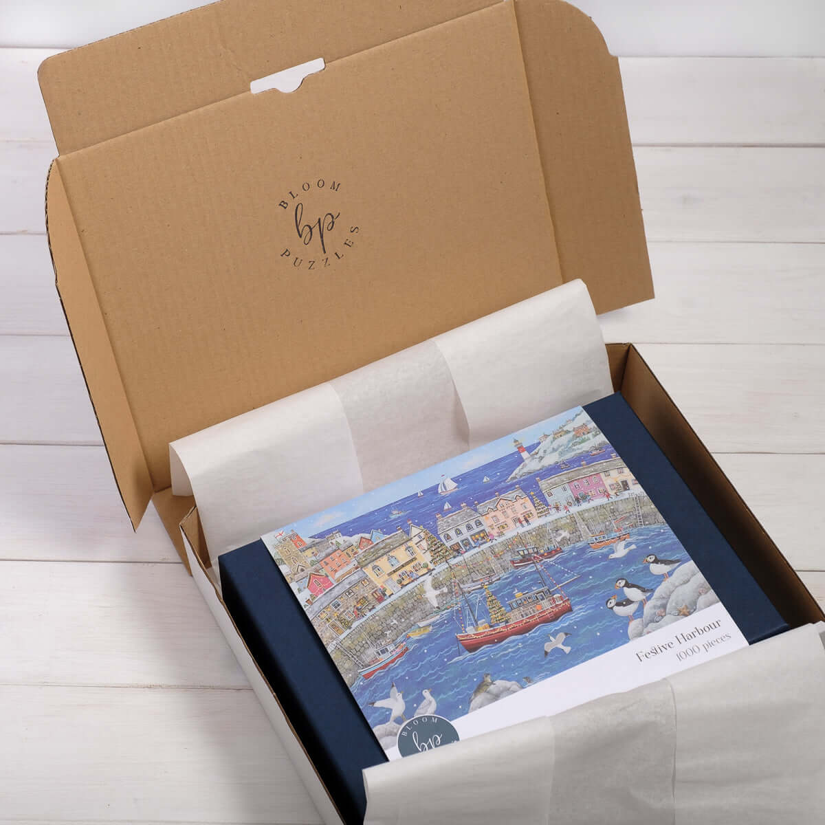 Bloom Puzzles Festive Harbour 1000 Piece Jigsaw Packaging Lucy Grossmith
