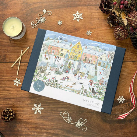 Bloom Puzzles Snowy Village 1000 piece Jigsaw Puzzle & Aromatherapy Candle Gift Set Layout Lucy Grossmith